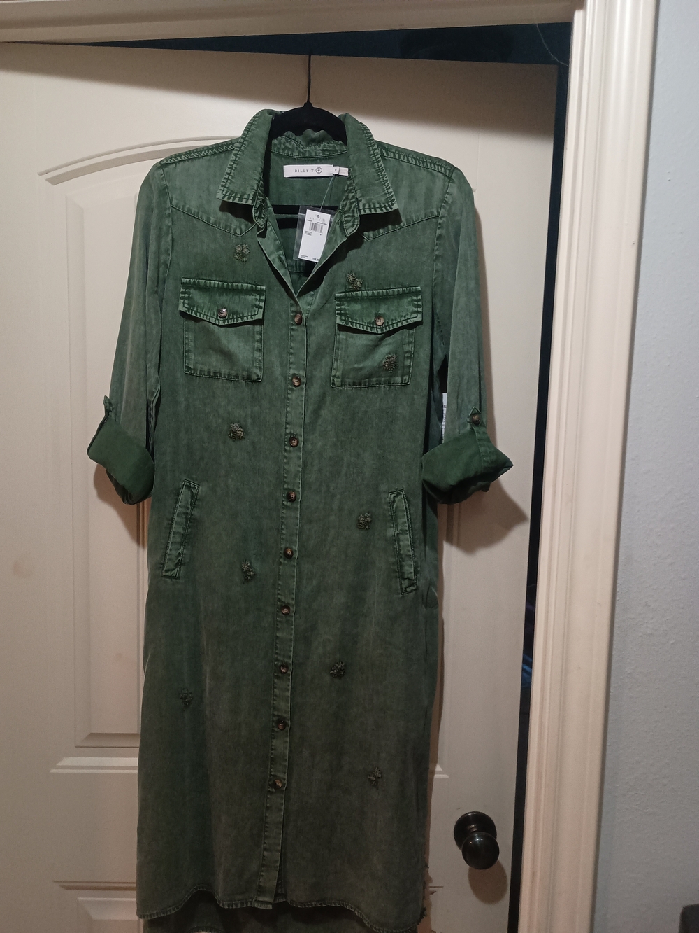 Washed Olive Green Long Sleeve Button-Front Shirt Dress SM Can Fit M